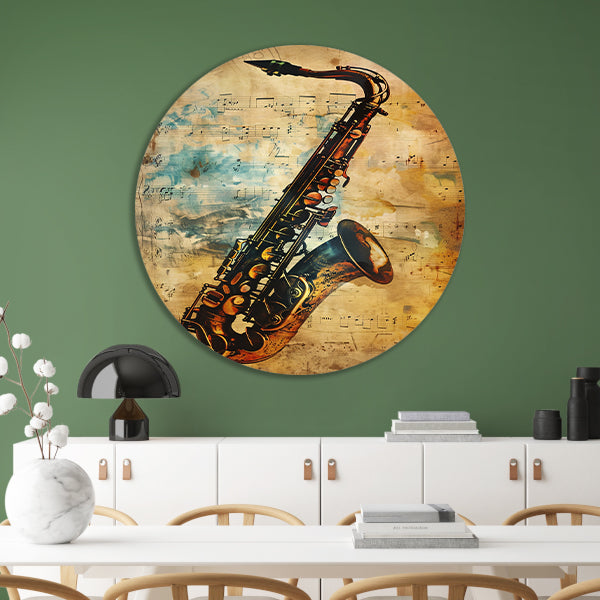 Abstracte Saxofoon op Muziekpapier aluminium muurcirkel
