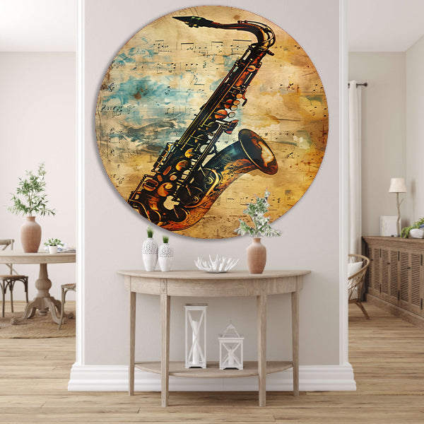 Abstracte Saxofoon op Muziekpapier aluminium muurcirkel