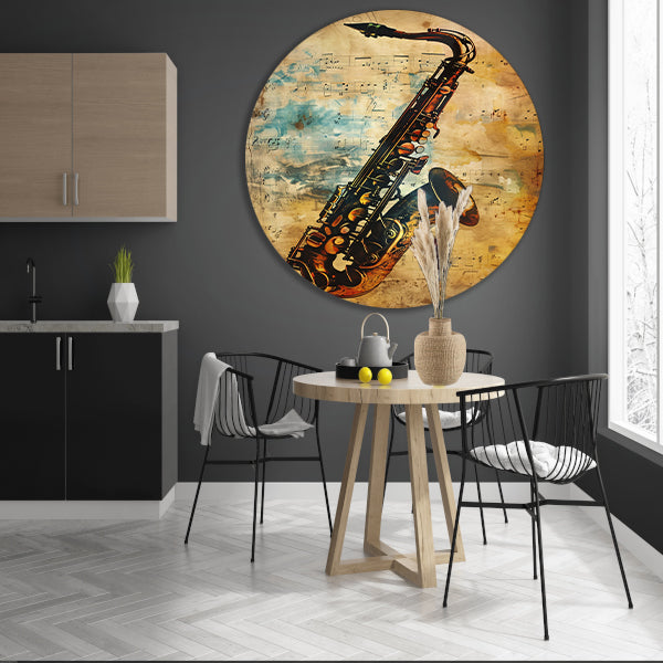 Abstracte Saxofoon op Muziekpapier aluminium muurcirkel