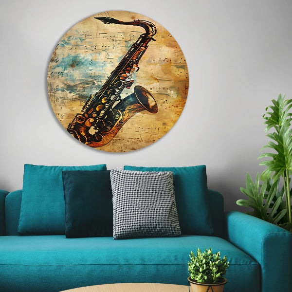 Abstracte Saxofoon op Muziekpapier aluminium muurcirkel