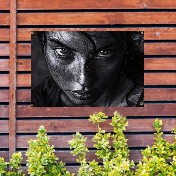 Zwart-wit portret van intense vrouw tuinposter