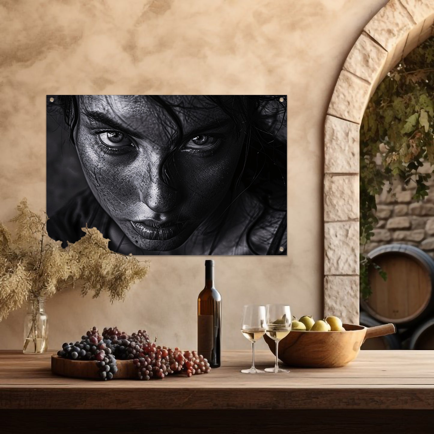 Zwart-wit portret van intense vrouw tuinposter