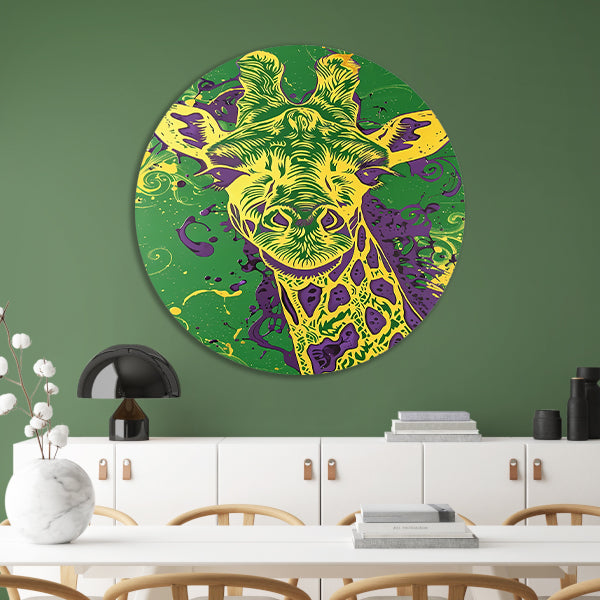 Moderne kleurrijke psychedelische giraffe schilderij aluminium muurcirkel