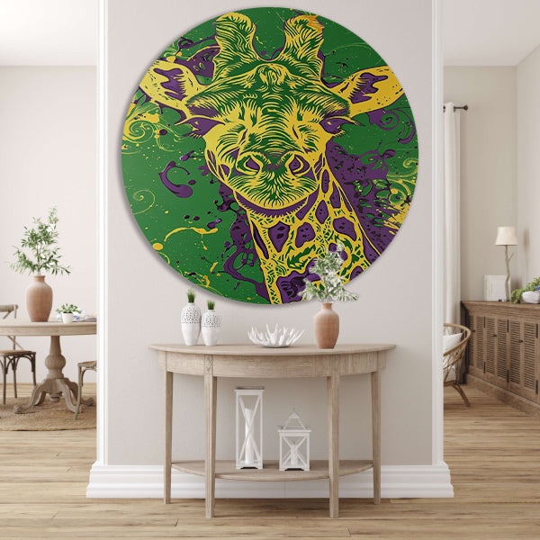 Moderne kleurrijke psychedelische giraffe schilderij aluminium muurcirkel