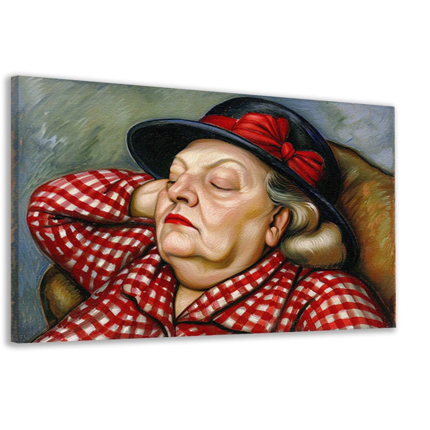 Slapende vrouw in rode geruite blouse canvas