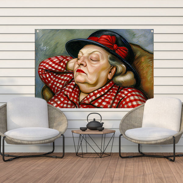 Slapende vrouw in rode geruite blouse tuinposter