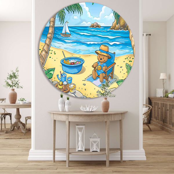 Tropische teddybeer op zomers strand aluminium muurcirkel