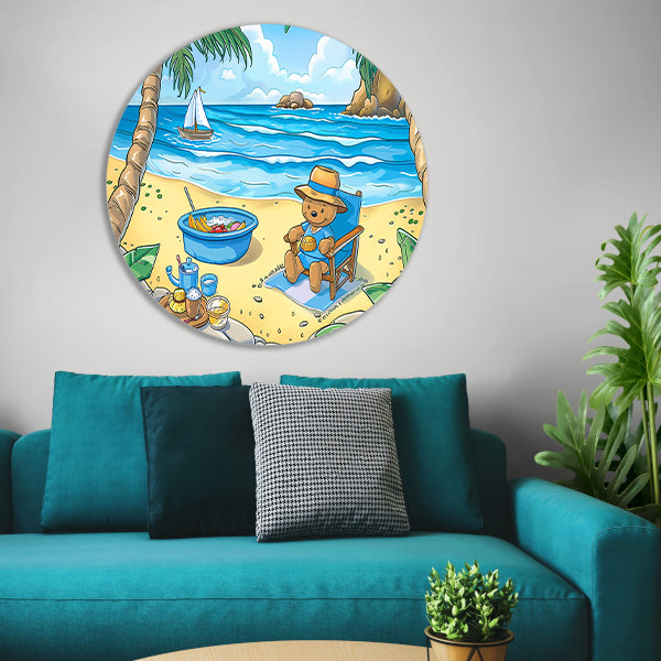 Tropische teddybeer op zomers strand aluminium muurcirkel