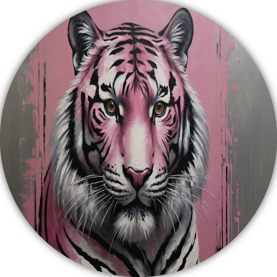 Moderne Roze en Zilver Tijger Schilderij aluminium muurcirkel