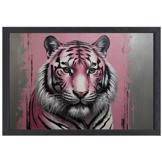 Moderne Roze en Zilver Tijger Schilderij canvas met baklijst