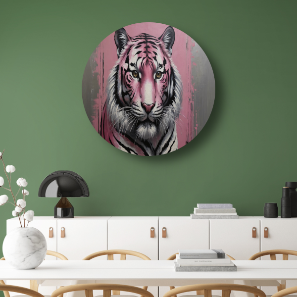 Moderne Roze en Zilver Tijger Schilderij aluminium muurcirkel
