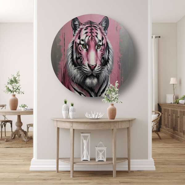Moderne Roze en Zilver Tijger Schilderij aluminium muurcirkel
