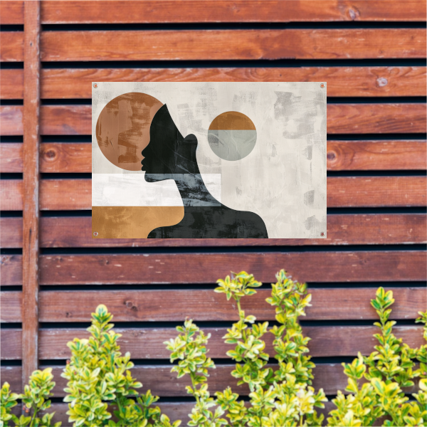 Silhouet van vrouw met minimalistische cirkels tuinposter