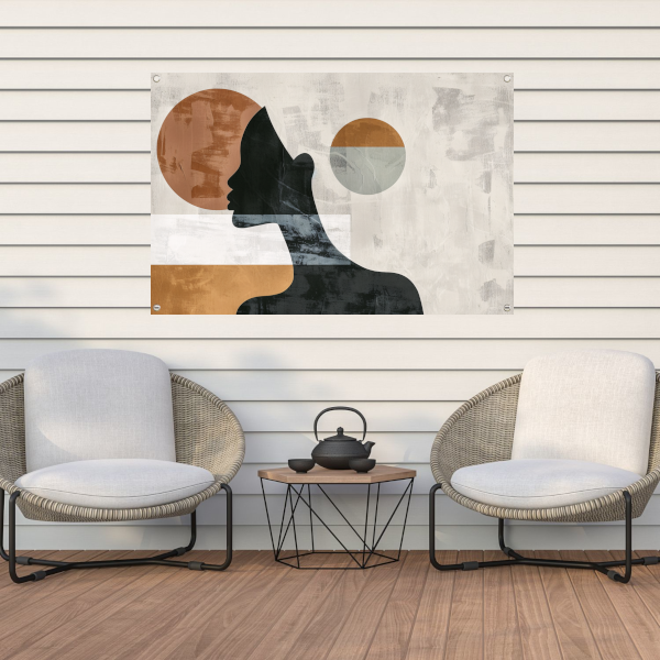 Silhouet van vrouw met minimalistische cirkels tuinposter