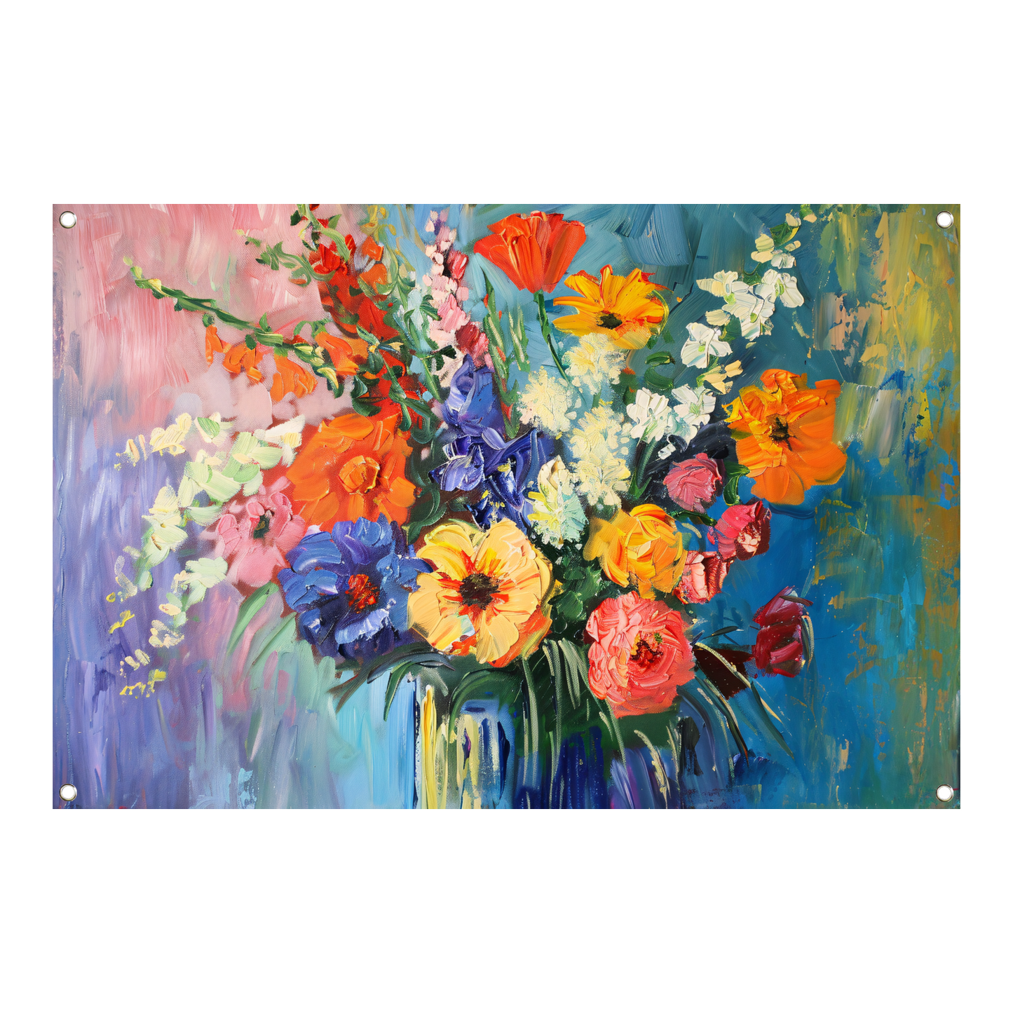Impressionistisch schilderij van kleurrijke bloemen in vaas tuinposter