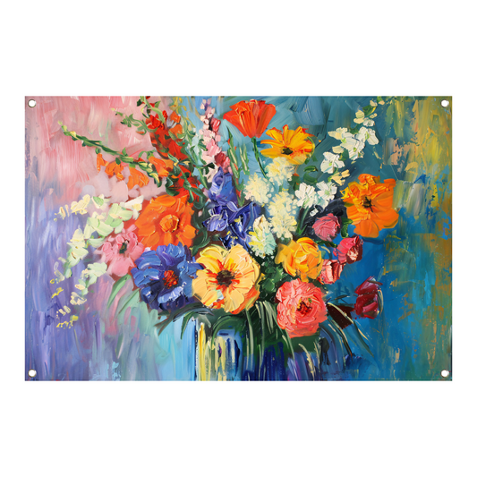 Impressionistisch schilderij van kleurrijke bloemen in vaas tuinposter