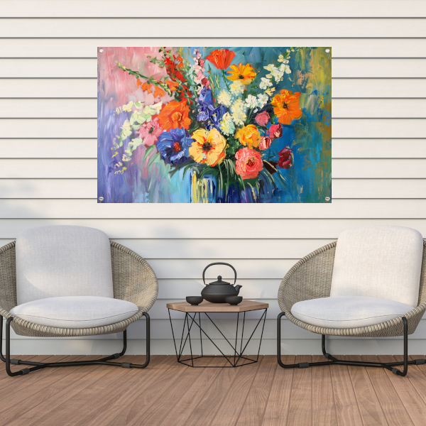 Impressionistisch schilderij van kleurrijke bloemen in vaas tuinposter