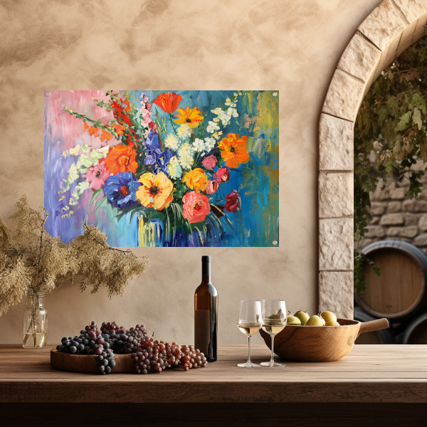 Impressionistisch schilderij van kleurrijke bloemen in vaas tuinposter