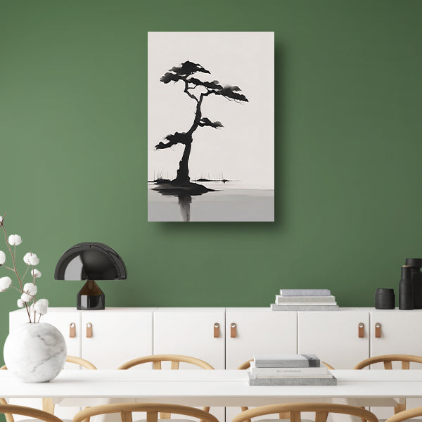 Minimalistische zwarte boom boven water poster