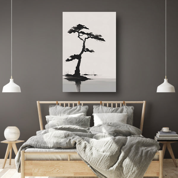 Minimalistische zwarte boom boven water poster