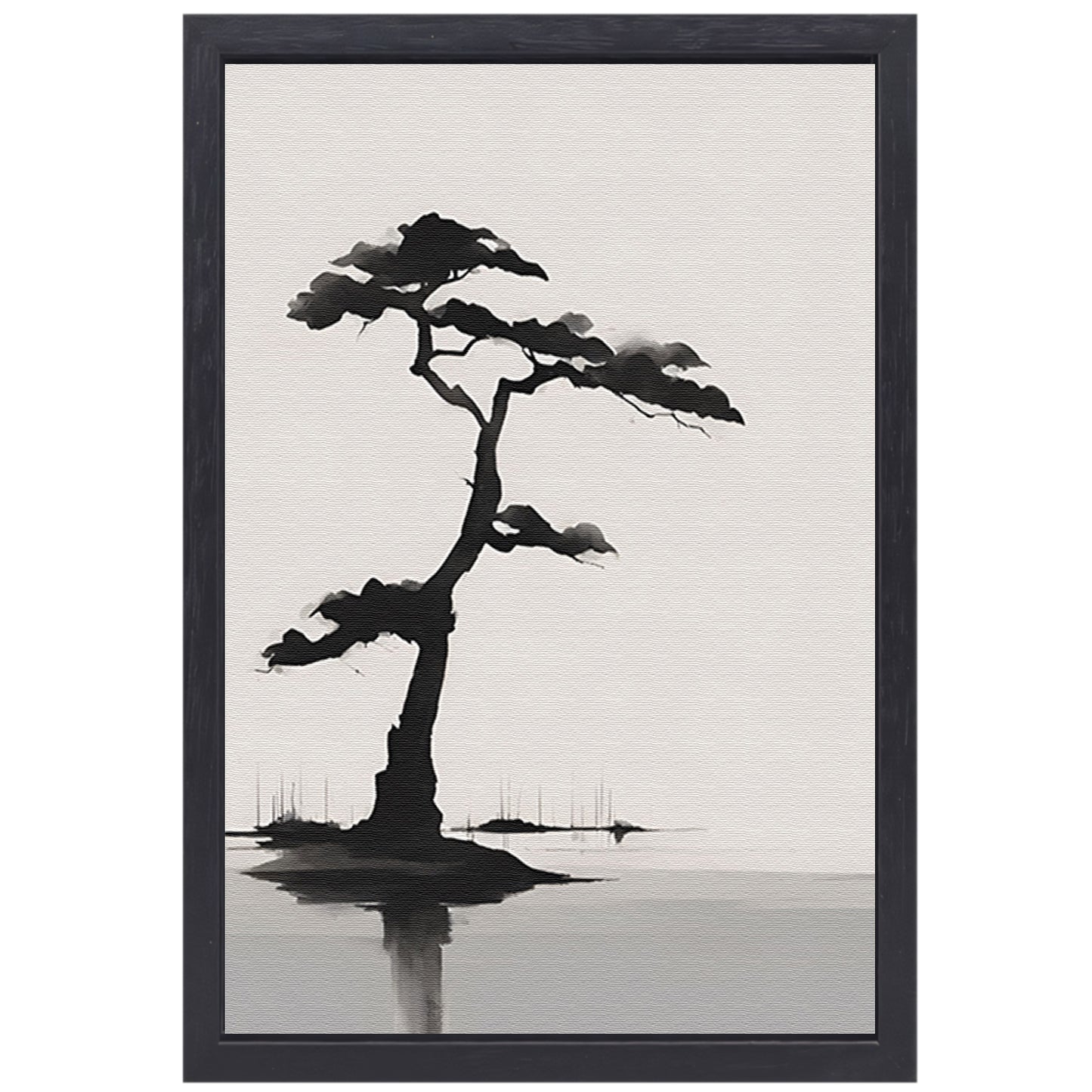 Minimalistische zwarte boom boven water canvas met baklijst