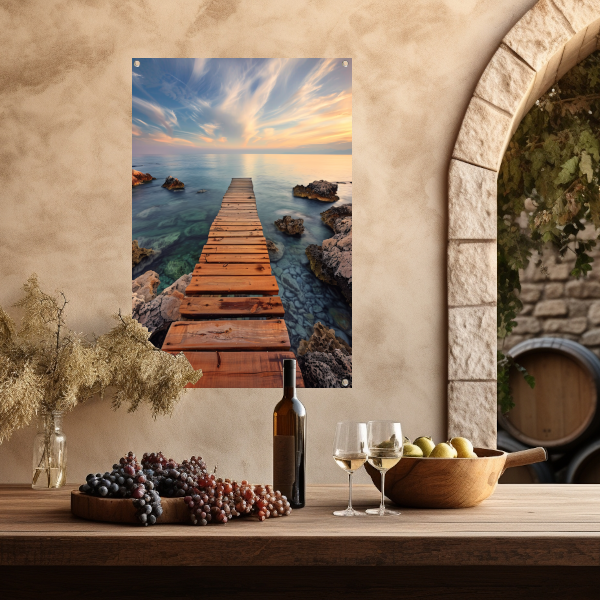Rustige ochtend op een houten steiger bij de zee tuinposter