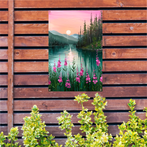 Roze zonsondergang bij rustig bergmeer met bloemen tuinposter