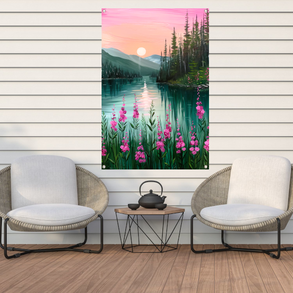 Roze zonsondergang bij rustig bergmeer met bloemen tuinposter