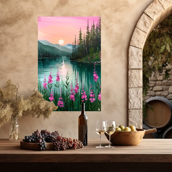 Roze zonsondergang bij rustig bergmeer met bloemen tuinposter