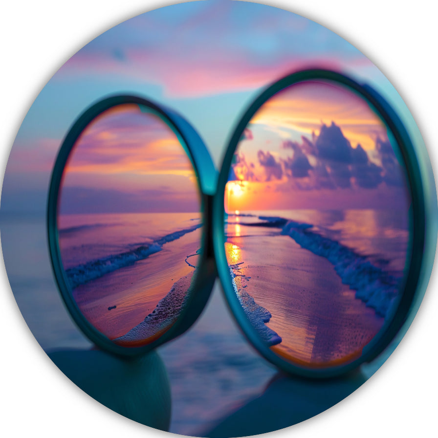 Reflectie van zonsondergang in brilglazen aluminium muurcirkel