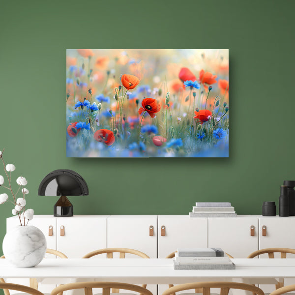 Een sereen veld van bloemen in pastelkleuren canvas