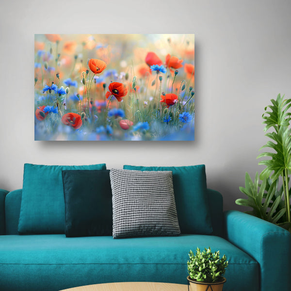 Een sereen veld van bloemen in pastelkleuren canvas