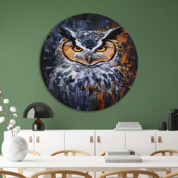 De Intense Blik van een Kleurrijke Uil aluminium muurcirkel