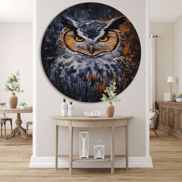 De Intense Blik van een Kleurrijke Uil aluminium muurcirkel