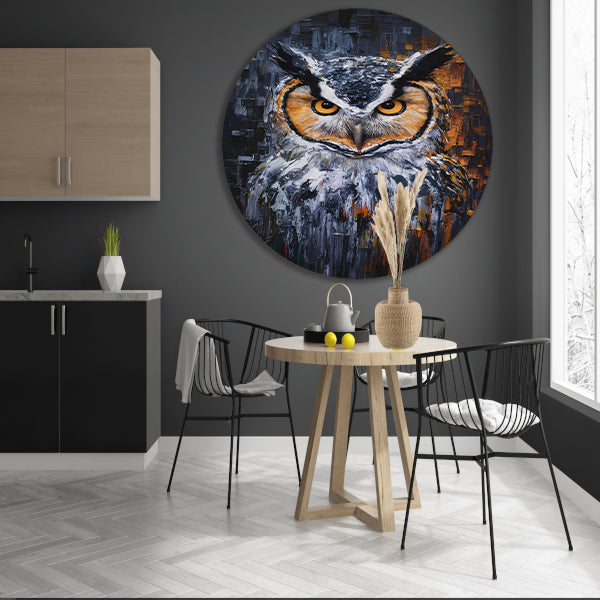 De Intense Blik van een Kleurrijke Uil aluminium muurcirkel