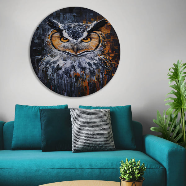 De Intense Blik van een Kleurrijke Uil aluminium muurcirkel