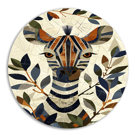 Abstract schilderij van zebra met bladeren aluminium muurcirkel