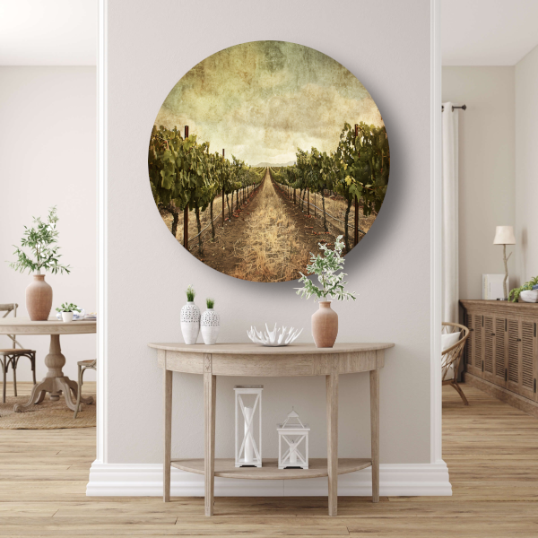 Sepia Wijngaard Landschap met Rijpe Druiven aluminium muurcirkel