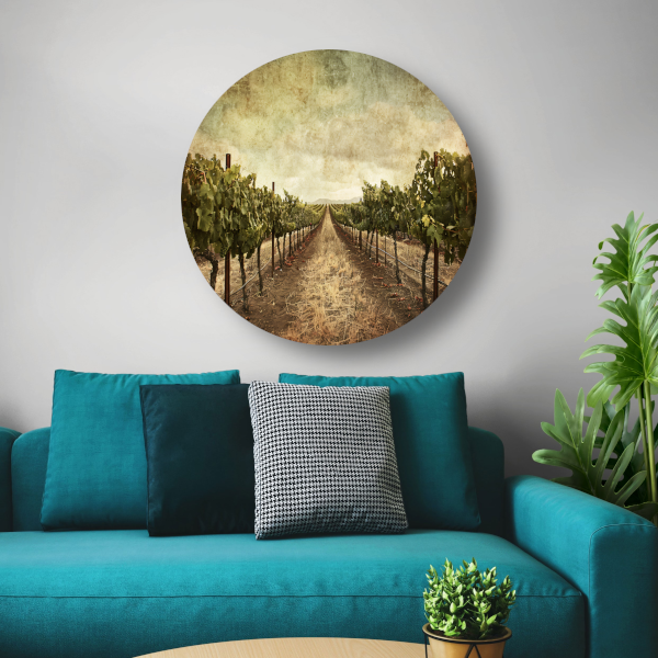 Sepia Wijngaard Landschap met Rijpe Druiven aluminium muurcirkel