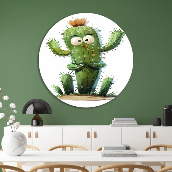 Digitale kunstprint van verbaasde cactus aluminium muurcirkel