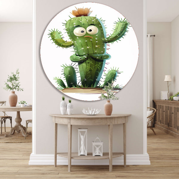Digitale kunstprint van verbaasde cactus aluminium muurcirkel