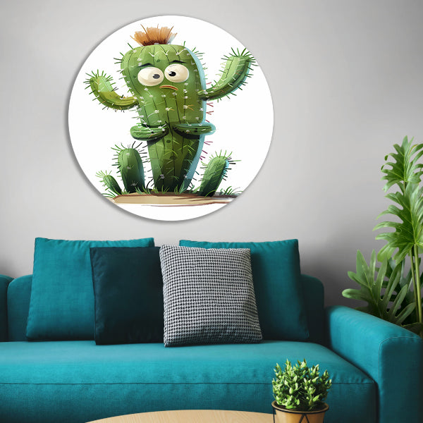 Digitale kunstprint van verbaasde cactus aluminium muurcirkel