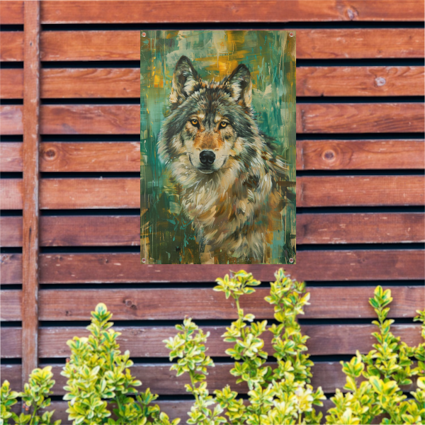 Elegante olieverfschilderij van een wolf op abstracte achtergrond tuinposter