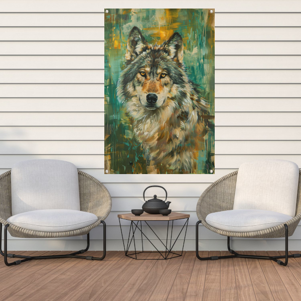 Elegante olieverfschilderij van een wolf op abstracte achtergrond tuinposter