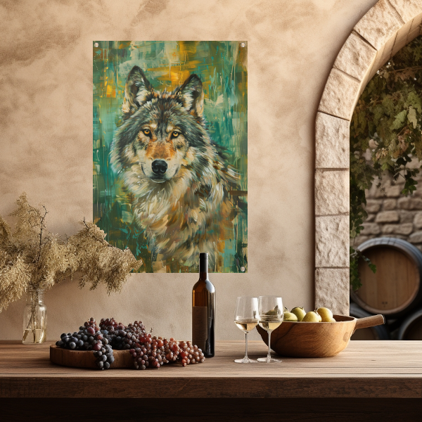 Elegante olieverfschilderij van een wolf op abstracte achtergrond tuinposter
