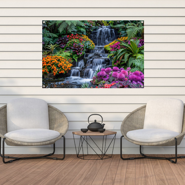 Weelderige waterval omgeven door kleurrijke bloemenpracht tuinposter