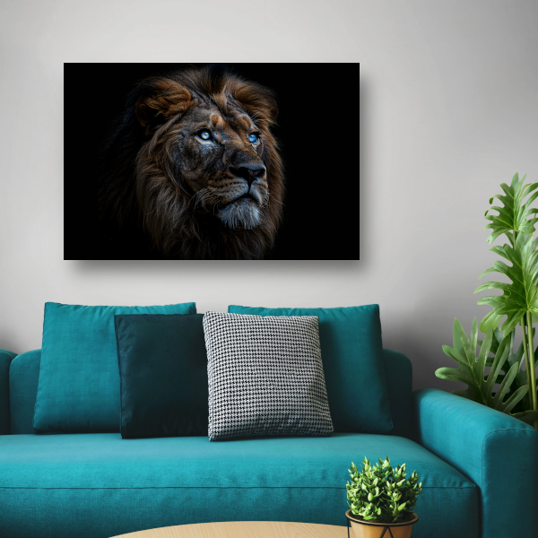 Indrukwekkend portret van majestueuze leeuw met blauwe ogen canvas met baklijst
