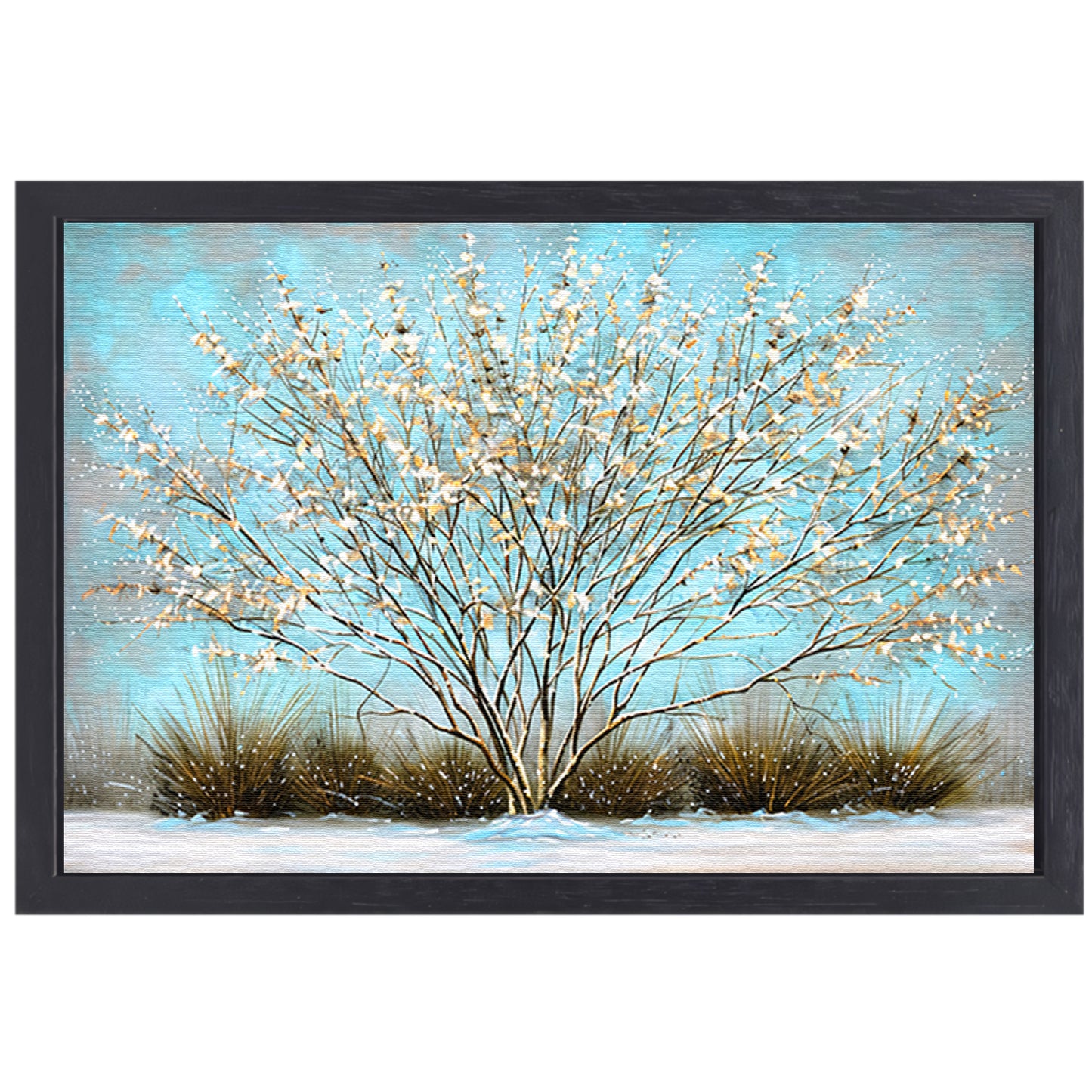 Sierlijke boom met sneeuw tegen blauwe lucht canvas met baklijst
