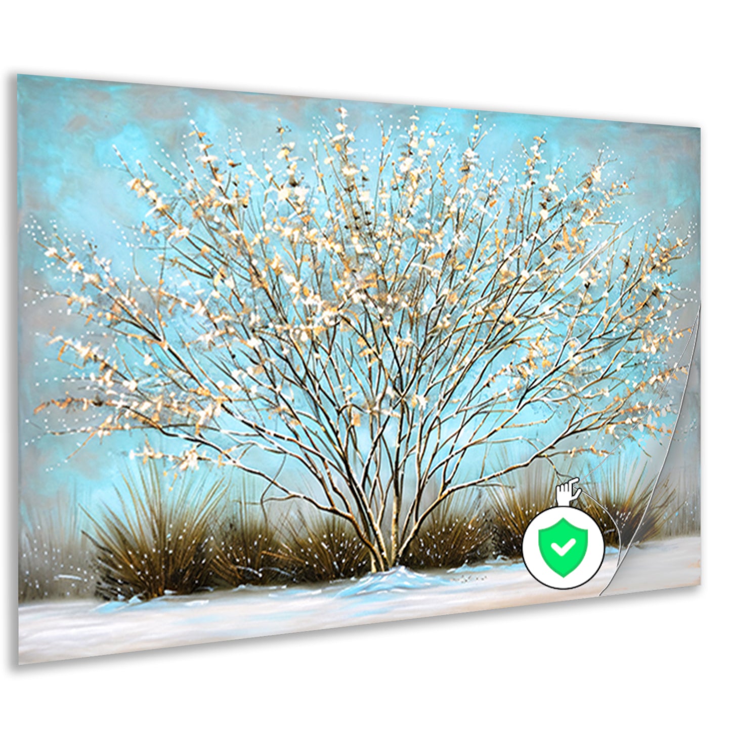Sierlijke boom met sneeuw tegen blauwe lucht poster