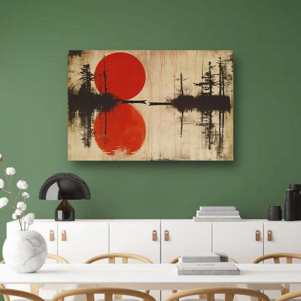 Abstracte rode zon boven water met bomen canvas